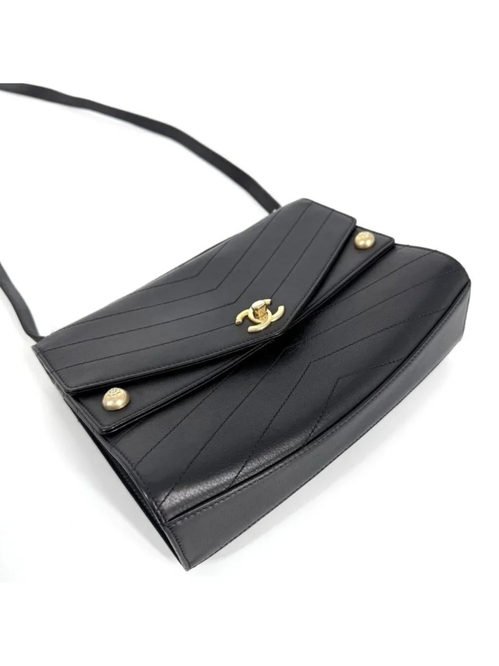 Chanel Shoulder Bag Chevron Chain CC Logo Crossbody Leather Black Gold